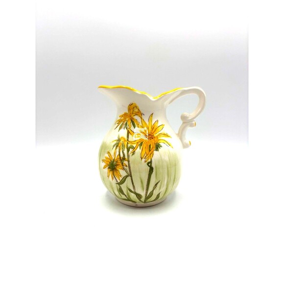 Vintage Enesco Hand painted Ceramic Pitcher White With Yellow Flowers And Green - Picture 9 of 10